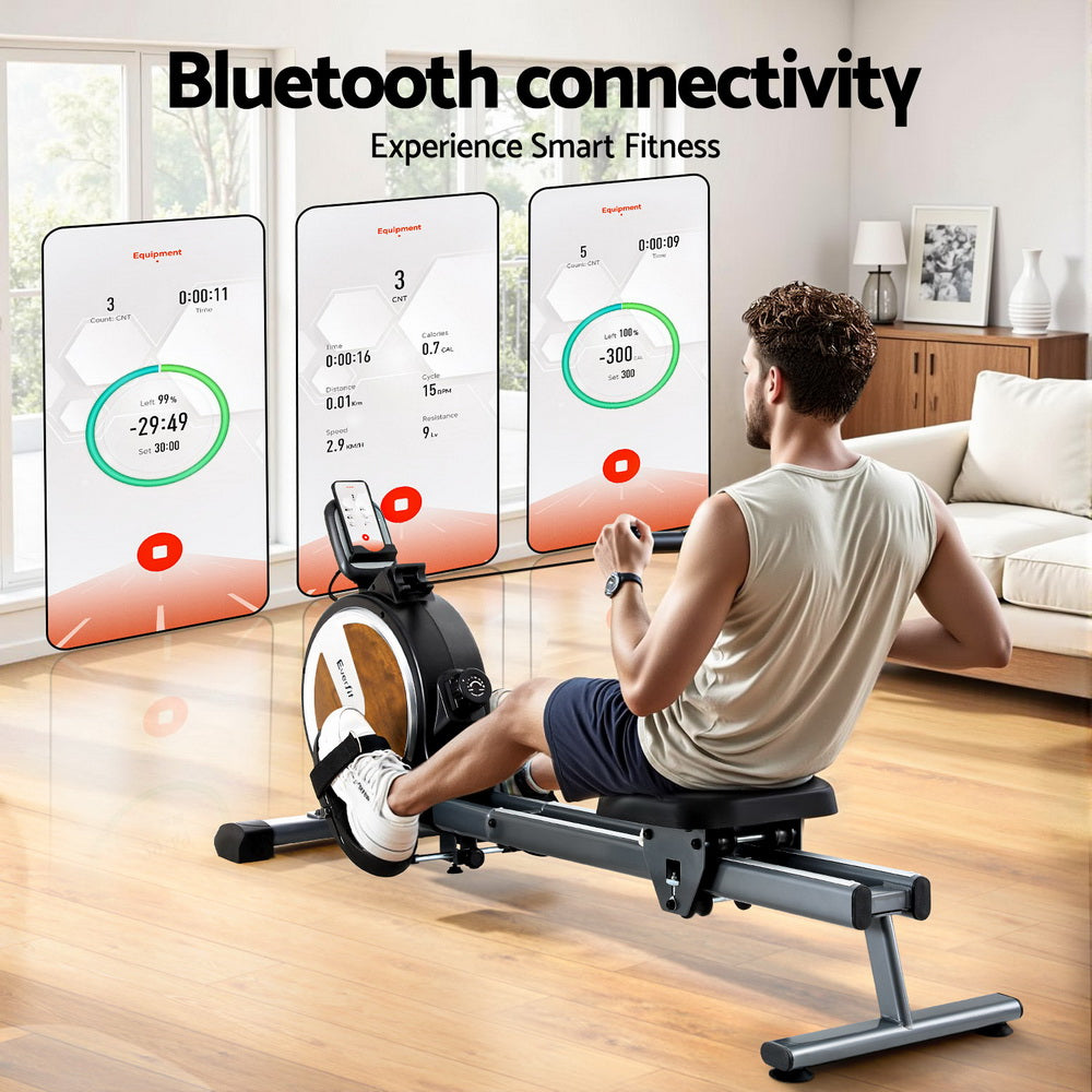 Everfit 16 Level Magnetic Rowing Machine for Home with App Connect Walnut