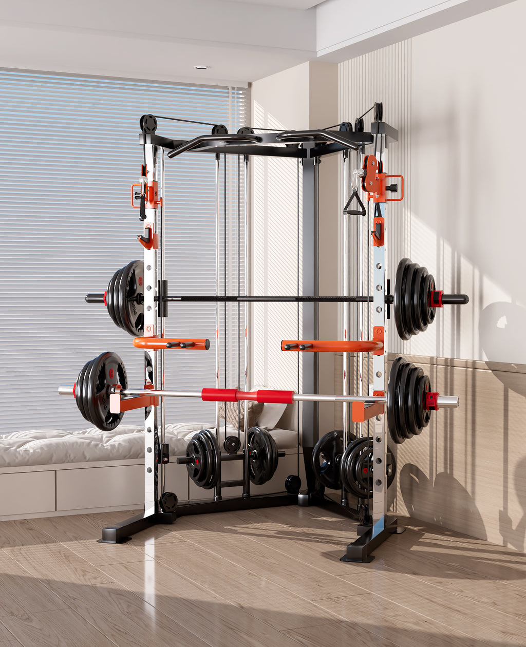 SmartFit C1 Max Multi Functional Cable Crossover Station 130kgs Pin Loaded  Machine + Multi Func Bench+7Ft Olympic Barbell + 100kgs Weights