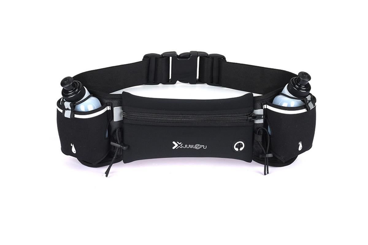 Hydration Running Belt with 2 Water Bottles and Phone Pouch for Marathon Hiking - Black