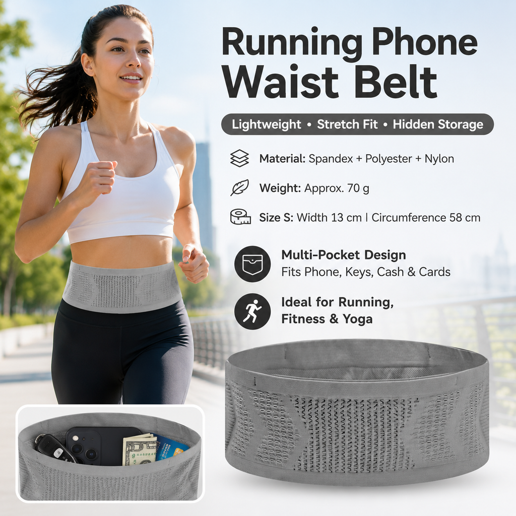 Grey S Size Running Waist Belt - High Stretch Spandex Nylon Blend, 360-Degree Storage Pocket, Breathable Mesh Design for Running and Gym Use