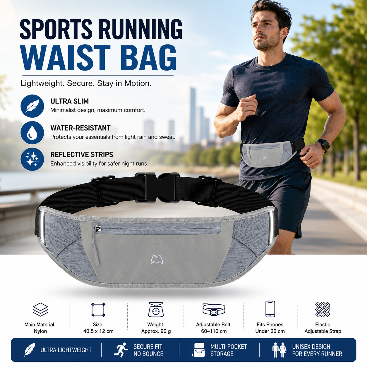 Grey Running Waist Pack—Made of waterproof nylon with an adjustable strap (fits waist sizes 60–110 cm); features a three-pocket design to store a phone and keys, includes reflective strips for safety during night runs, and is suitable for running, mountai