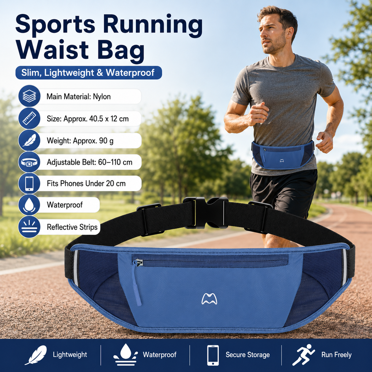 Blue Running Waist Pack—Made of waterproof nylon with an adjustable strap (fits waist sizes 60–110 cm); features a three-pocket design to store a phone and keys, includes reflective strips for safety during night runs, and is suitable for running, mountai