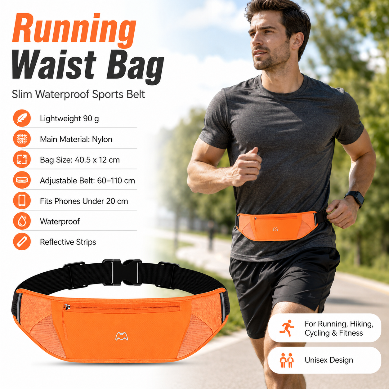 Orange Running Waist Pack—Made of waterproof nylon with an adjustable strap (fits waist sizes 60–110 cm); features a three-pocket design to store a phone and keys, includes reflective strips for safety during night runs, and is suitable for running, mount
