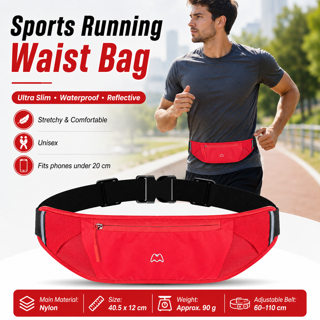 Red Running Waist Pack—Made of waterproof nylon with an adjustable strap (fits waist sizes 60–110 cm); features a three-pocket design to store a phone and keys, includes reflective strips for safety during night runs, and is suitable for running, mountain