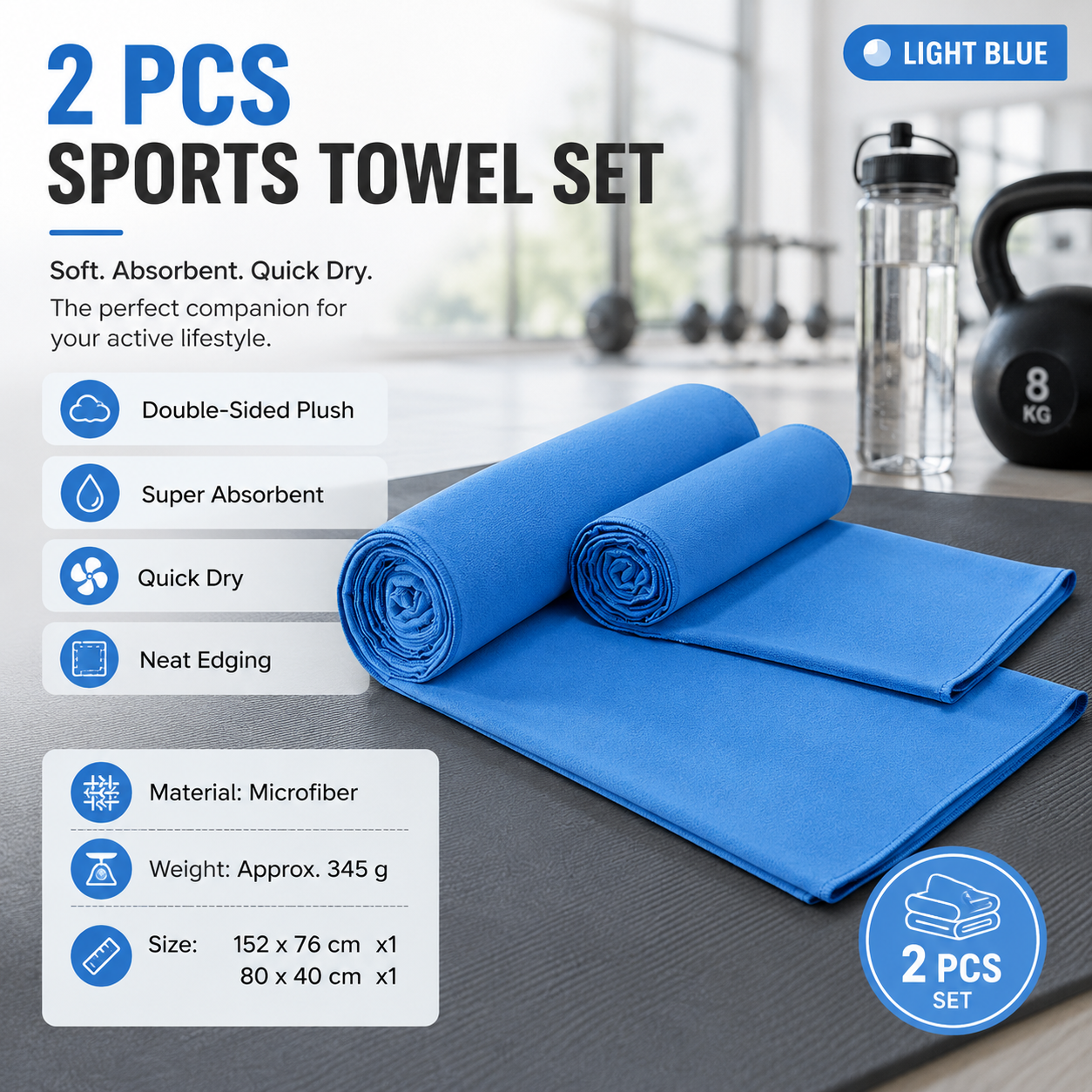 2-Piece Microfiber Sports Towel Set – 152×76cm & 80×40cm