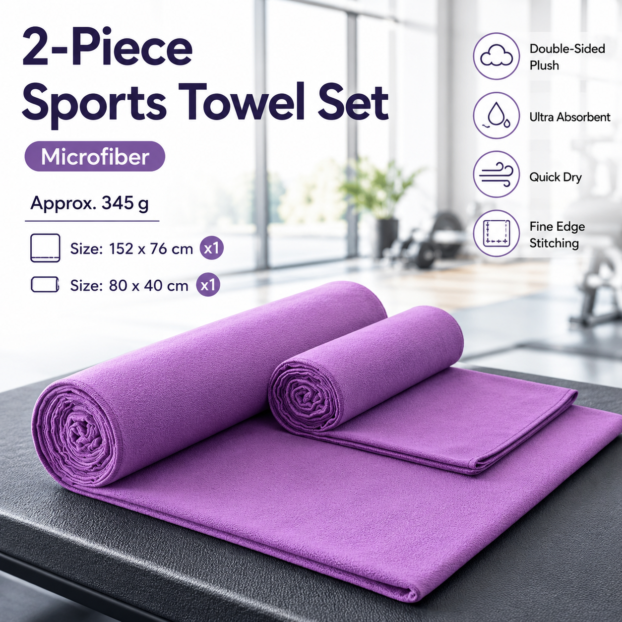 2 Piece Purple Microfiber Sports Towel Set -  152*76cm and 80*40cm Quick Dry Gym Towels, Ultra Absorbent Sweat Towel for Fitness Running Swimming, Lightweight Travel Friendly