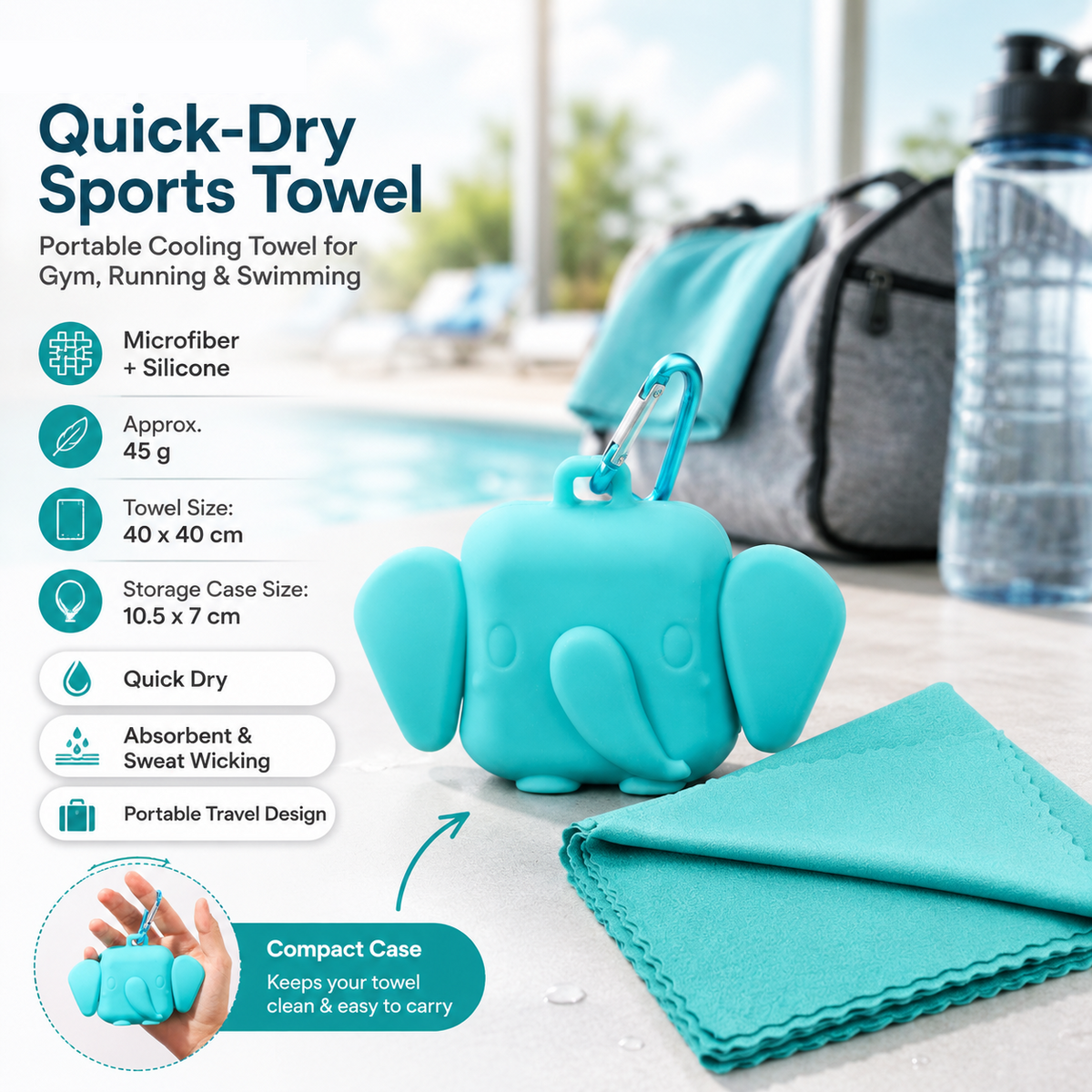 Microfiber Cooling Sports Towel with Elephant Silicone Case