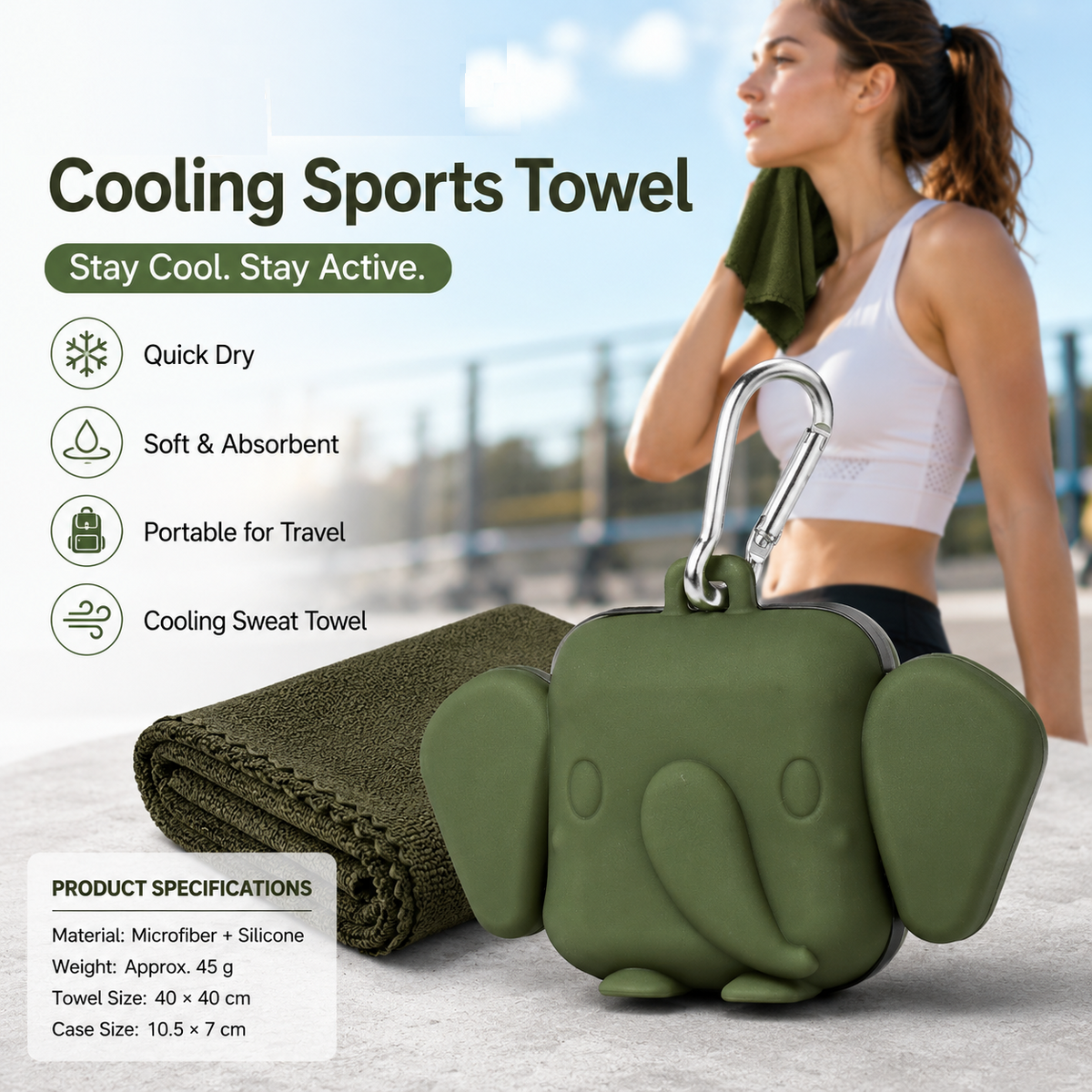 Microfiber Cooling Sports Towel with Elephant Silicone Case