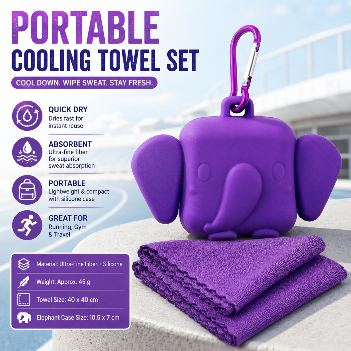 Microfiber Cooling Sports Towel with Elephant Silicone Case